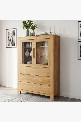 Tölgyfa vitrin üvegajtókkal, fiókkal, 150x104x40 cm, natúr fa